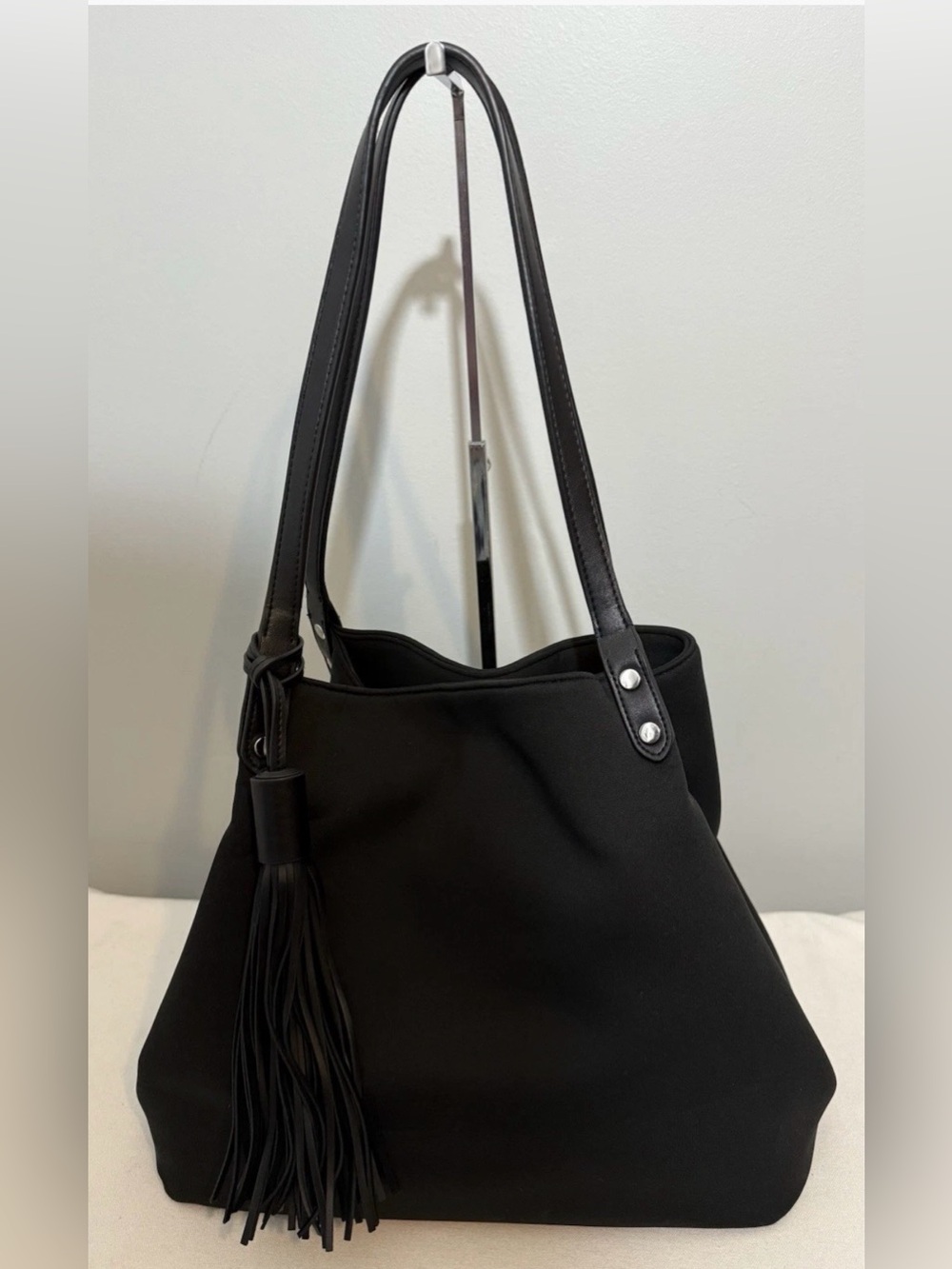 Marla Wynne Tote Bag Black Neoprene with Leather Trim Adjustable Sides & Tassel